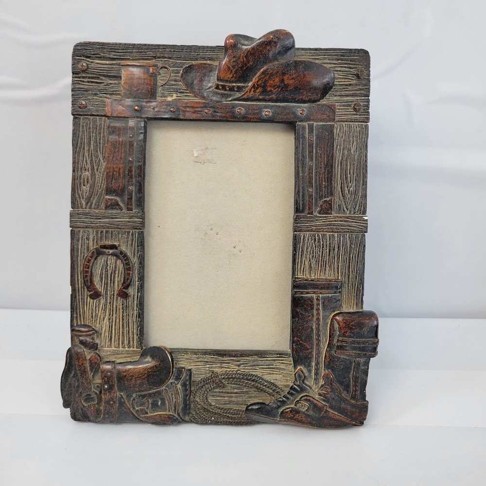 Rustic Cowboy Western Picture Frame Photo Holder Hat Boots Horseshoe Saddle Rope